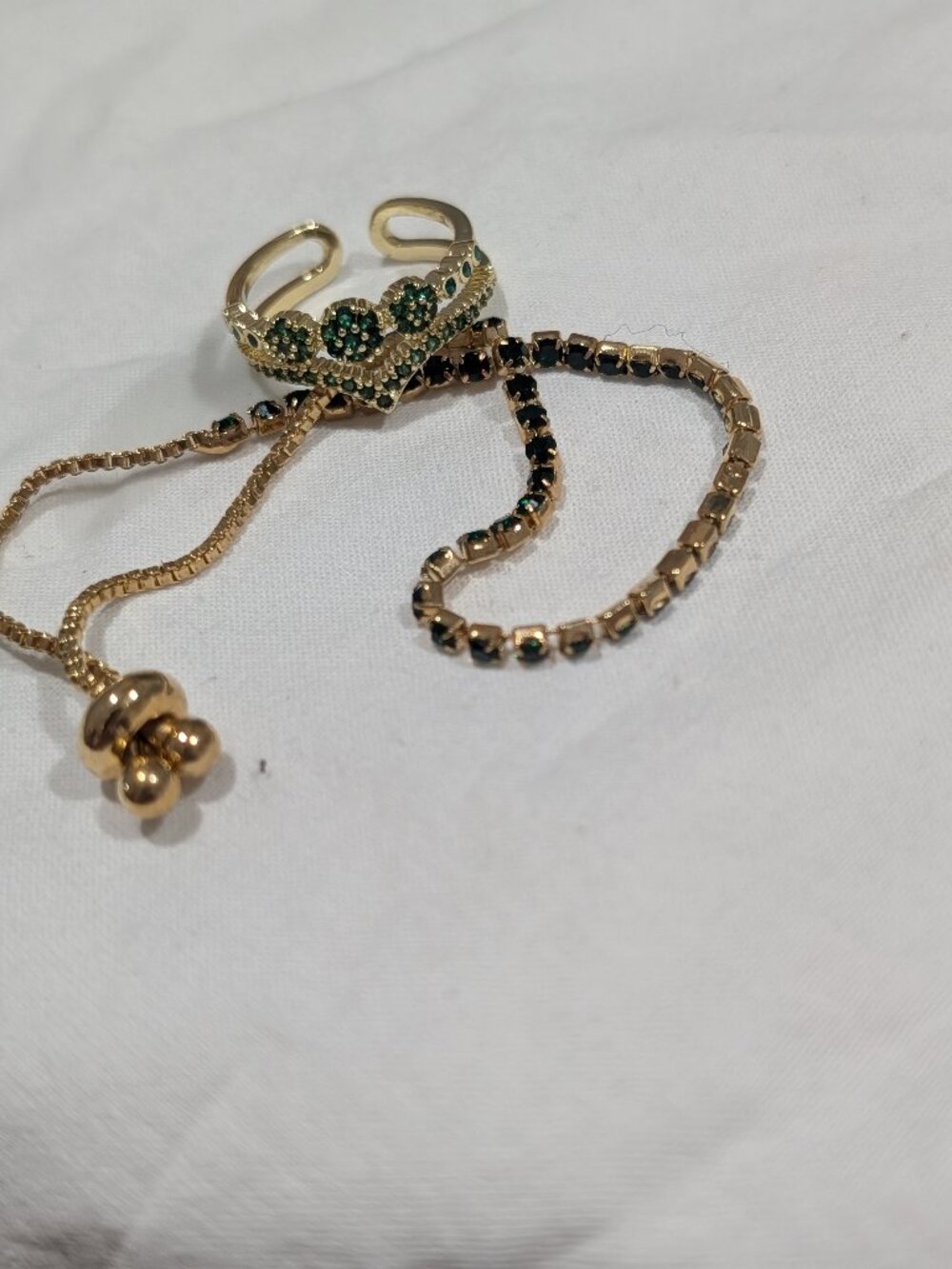Gold Tone Green & Black Rhinestone Bracelet & Adjustable Ring Set